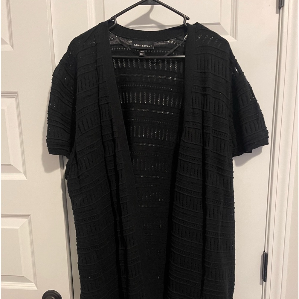 Lane Bryant open front cardigan.  Black. Short sleeves.  Long.  Crochet pattern